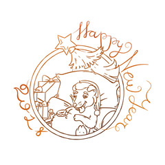 Yellow dog for New Year 2018, cute symbol of horoscope. Cute puppy in cartoon doodle style.