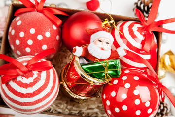 Set of different christmas decorations closeup shot, top view