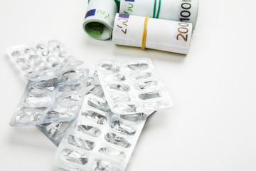 Medications and pills on a white background closeup shot