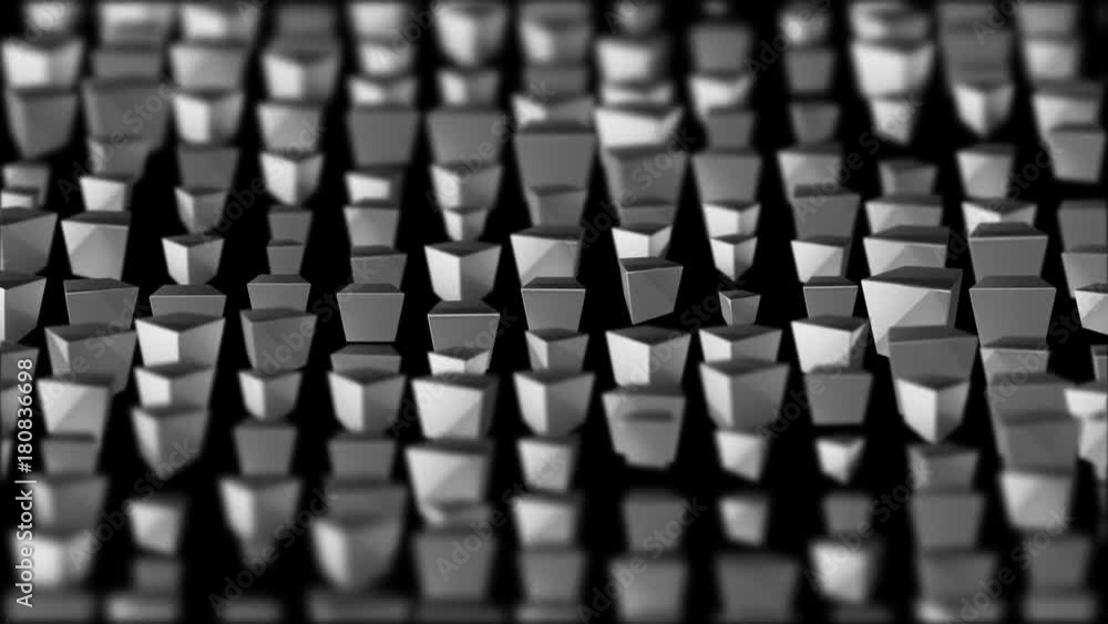 Poster field of bouncing cubes depth of field. cinematographic industrial background. 3d animation. seamles
