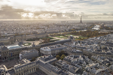Cityscape of Paris, France. Aerial view. Louvre museum and Eiffel tower