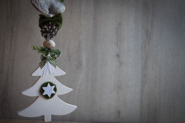 Fototapeta na wymiar Christmas ornaments with snow and pine tree