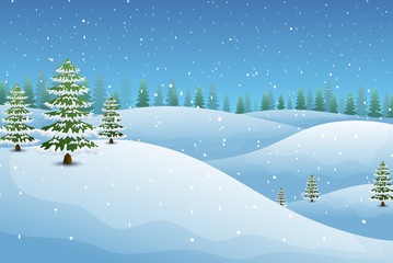 Winter landscape with fir trees and snowy hills