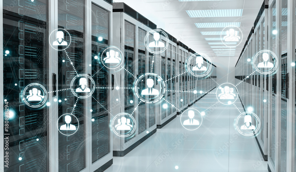 Poster Social network over server room data center 3D rendering