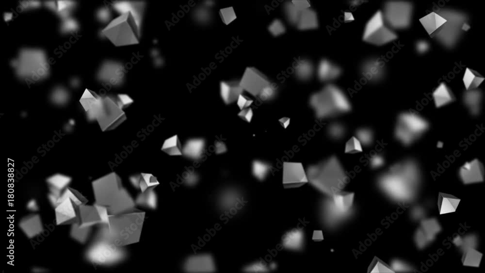 Poster space cubes depth of field.cinematic industrial background.3d animation. seamless loop.