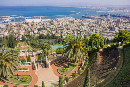 Bahai gardens and temple on the slopes of the Carmel Mountain and view of the Mediterranean Sea and bay of Haifa city, Israel