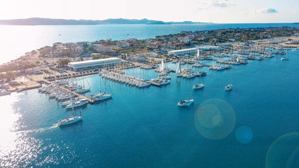 Aerial view of beautiful modern marine of Sukosan densely packed with sailing boats and yachts, Marina Dalmacija. Croatia