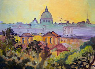 Obraz premium Basilica Sant Pietro panoramic painting, Rome, Italy.