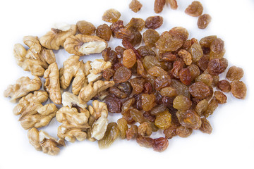 Raisins and walnuts bake ingredients on the white background