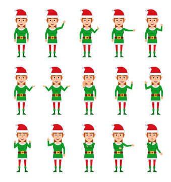 Set of female elf characters showing different hand gestures. Cheerful elf girl pointing, greeting, showing thumb up and other gestures. Flat style vector illustration