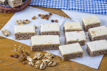 Freshly baked wulnuts cake with yolk topping