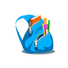 Blue backpack with supplies. Vector illustration of blue backpack with supplies isolated on white.