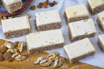 Freshly baked wulnuts cake with yolk topping