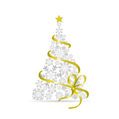 CHRISTMAS TREE IN SNOW FLAKE WITH RIBBON. CHRSITMAS DECORATIVE SYMBOL VECTOR