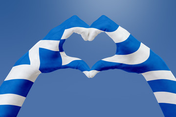 Hands flag of Greece, shape a heart. Concept of country symbol, on blue sky.