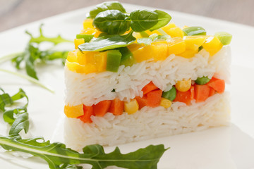 Vegetarian food, rice salad with vegetables, healthy meals