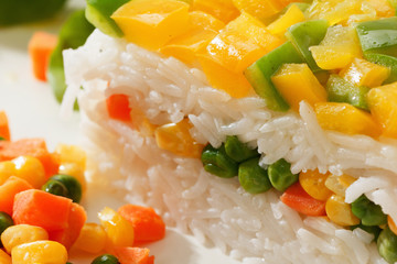 Vegetarian food, rice salad with vegetables, healthy meals