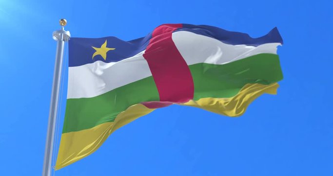 Flag of the Central African Republic waving at wind with blue sky, loop