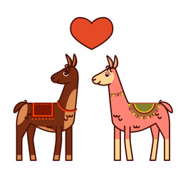 Two llamas with heart, line art style, love concept, illustration for valentine's day greeting card