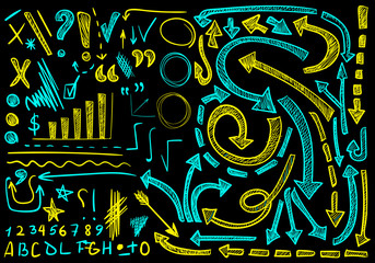 VECTOR big set of hand-sketched icons. Elements for presentation. Cian and yellow colors on black background, chalk drawings