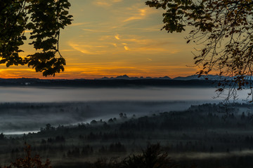 Nebelschwaden durchwandern das Isartal bei Wolfratshausen