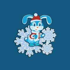 Bunny and snowflake on a blue background. Sticker. Children's picture. A cartoon character. Design for the sample, emblem, children's book, background image.