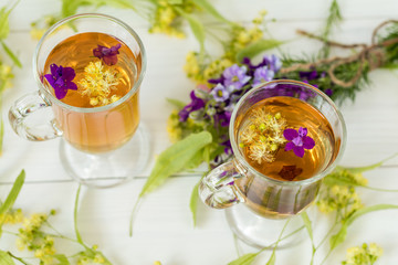 Linden herbal tea in transparent grog glass