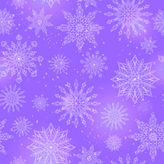 Naklejka na ściany i meble Seamless pattern on the theme of winter and winter holidays, the contour of the snowflake and flare, white snowflakes on a purple background