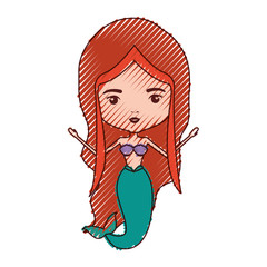 mermaid redhead in colored crayon silhouette