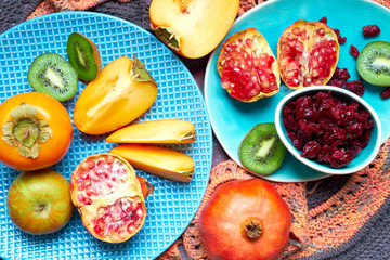 Persimmon, pomegranate, kiwi cranberries