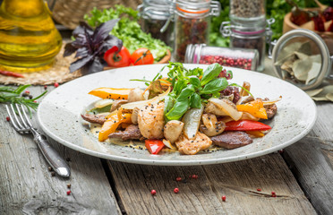 grilled meat with roasted vegetables, spring, summer picnic, tasty food