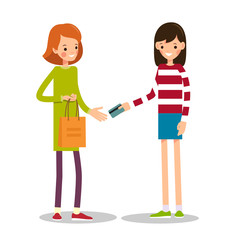 Fototapeta premium Young girl wants to pay for purchase with credit card. Girl-seller takes credit card from customer and gives the shopping bag