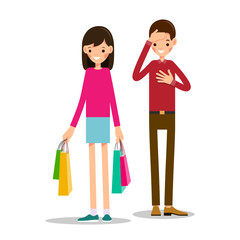 Young girl stands and holds shopping bags in both hands. Young man is shocked by number of purchases. One hand of the boy is next to the heart, and second hand supports head