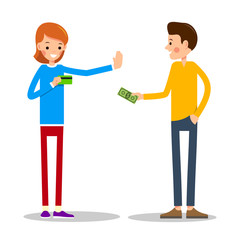 Young man wants to pay for the goods in cash. Young girl-seller warns and shows that calculation is made only with help of credit card