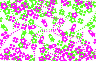 Seamless retro pattern of small flowers, stars and rockets. Simple decorative design
