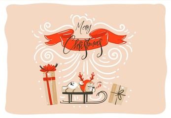 Hand drawn vector abstract fun Merry Christmas time cartoon illustration card design with surprise gift boxes,pet dog on sleigh,red ribbon and modern xmas calligraphy isolated on craft background