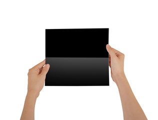 Hands holding blank black brochure booklet in the hand. Leaflet presentation. Pamphlet hand man. Show offset paper. Sheet template. Book in hands. Booklet folding design. Fold paper sheet display read