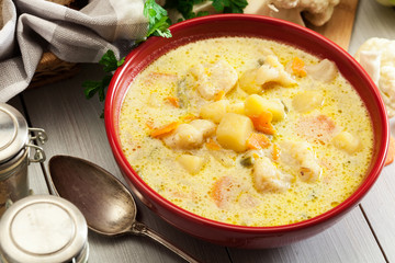 Vegetable soup with ingredients carrot, cauliflower, potato and parsley
