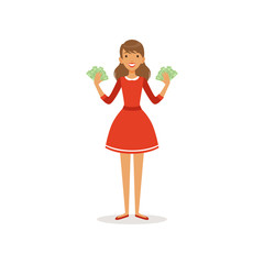 Fototapeta na wymiar Beautiful happy young successful rich woman character in red dress holding a lot of money, financial success colorful flat vector Illustration