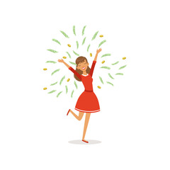 Beautiful young successful rich woman character having fun surrounded by green money bills falling, financial success colorful flat vector Illustration