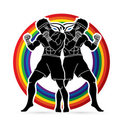 Muay Thai, Thai boxing standing ready to fight action designed on line rainbows background graphic vector