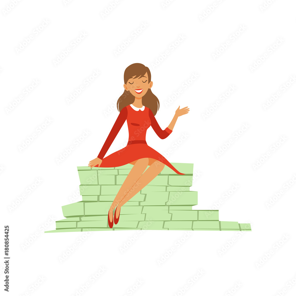 Canvas Prints Beautiful young successful rich woman character in red dress sitting on a big pile of banknotes, financial success colorful flat vector Illustration