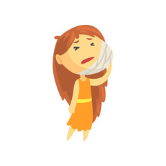 Sick girl with long hair holding her bandaged cheek suffering from toothache, unwell teen needing medical help cartoon character vector illustration
