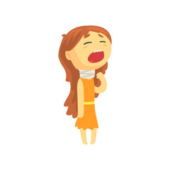 Sick girl with long hair suffering from sore throat, unwell teen needing medical help cartoon character vector illustration