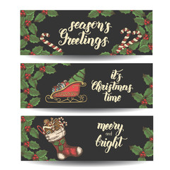 Christmas banners with leaves of mistletoe, sock with gingerbread, candies and  Santa's sleigh on black. Hand made trendy lettering 