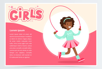 Cute african girl jumping with skipping rope, girls banner flat vector element for website or mobile app