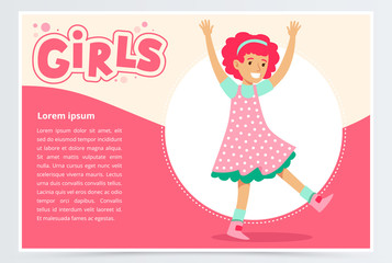 Cute happy girl having fun, girls banner flat vector element for website or mobile app