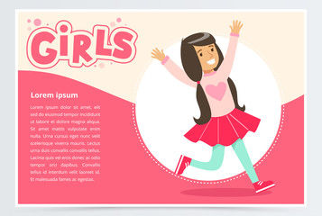 Cute happy brunette girl smiling, girls banner flat vector element for website or mobile app
