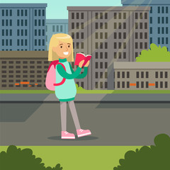 Cute blonde girl with backpack walking and reading book on a city background vector illustration