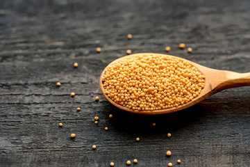 Mustard seeds in wooden spoon close up
